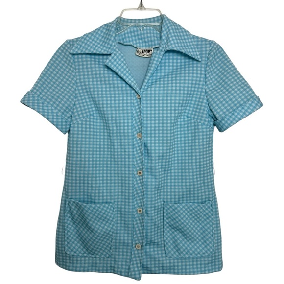 Vintage 70s Matching Two-Piece Pant Set Size Small Blue Gingham Checker Retro - Picture 2 of 9